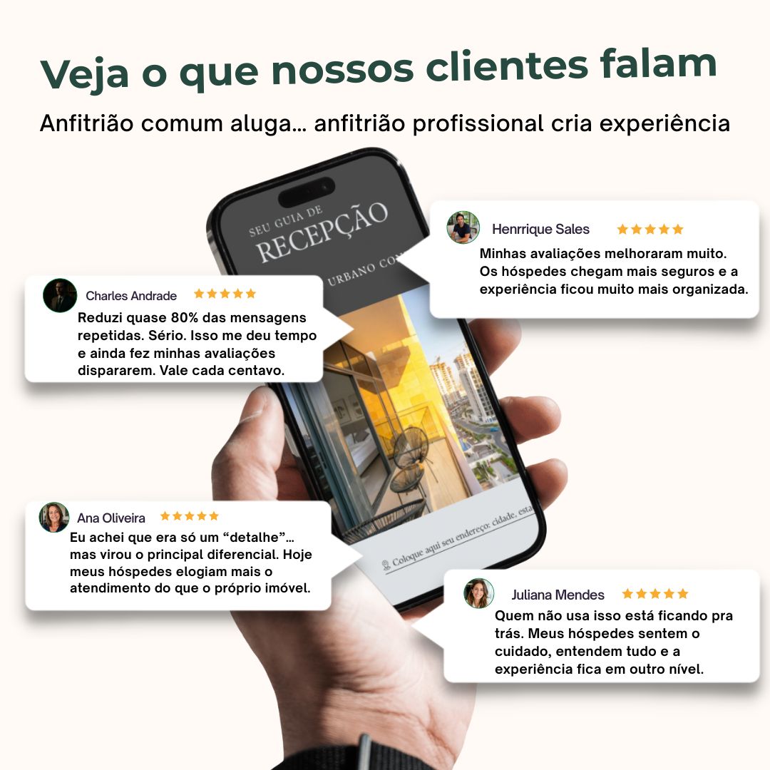 Veja o que nossos clientes falam: depoimentos de Charles Andrade, Henrique Sales, Ana Oliveira e Juliana Mendes sobre os guias de recepção. Textos completos disponíveis logo abaixo.