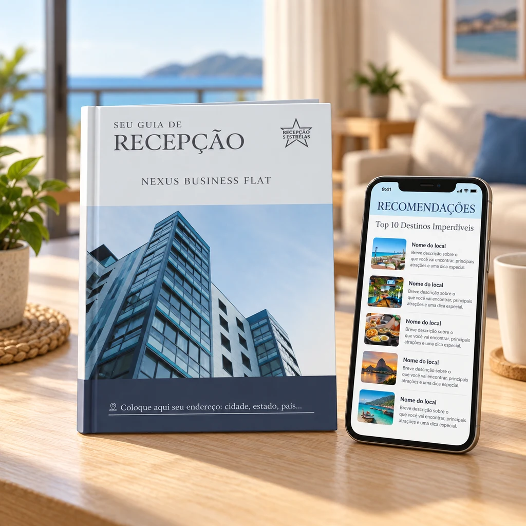 Mockup do guia de recepção com a capa enviada, acompanhado da versão no celular.