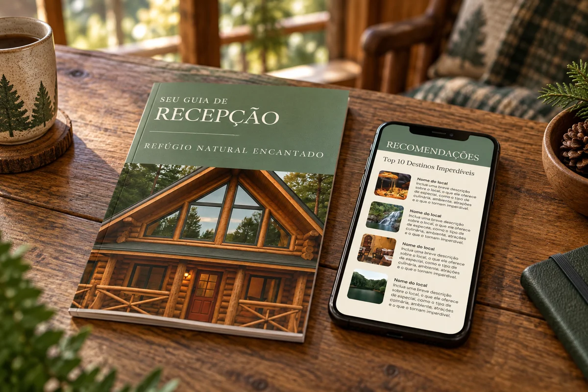 Mockup do modelo Natureza: guia verde com cabana de madeira, impresso e no celular.