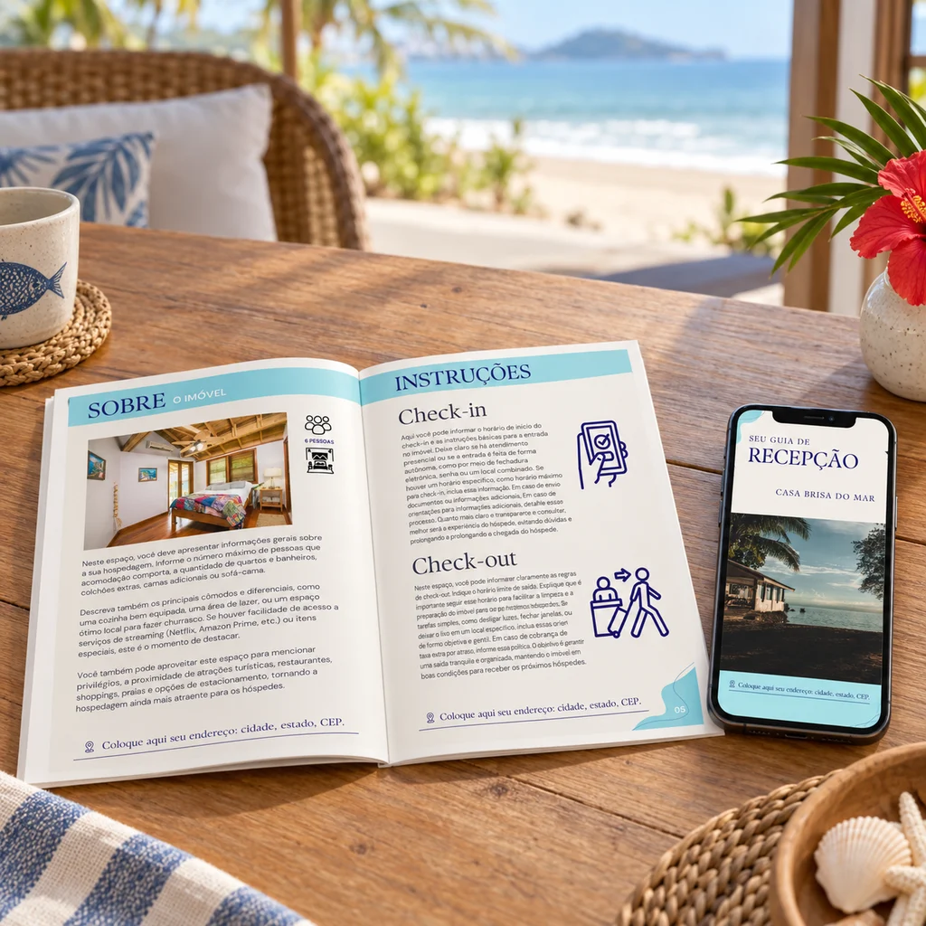 Mockup do modelo Praia: guia aberto nas páginas sobre o imóvel e instruções, com a capa Casa Brisa do Mar no celular.
