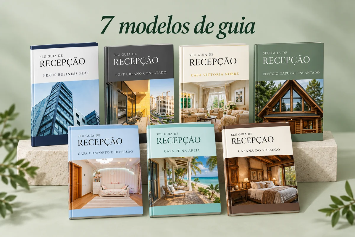 7 modelos de guia: Executivo, Urbano, Luxo, Natureza, Família, Praia e Rústico, representados por sete capas diferentes.