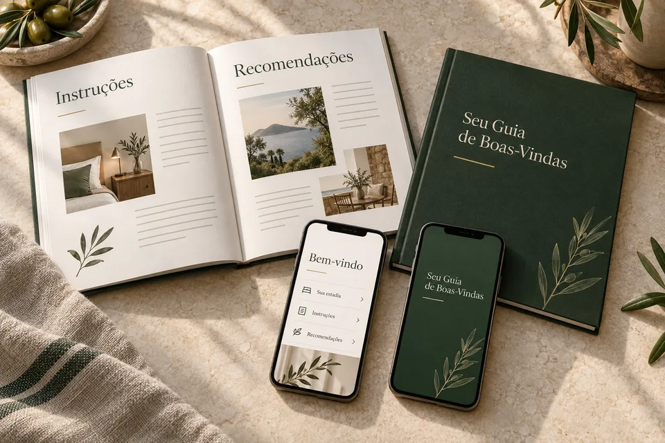 Mockup ilustrativo do guia em formato impresso e no celular.
